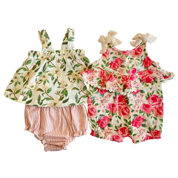 Mud Pie Baby Girls Outfit Sets Bundle Lot Rose Bow Romper Magnolia Pinafore 3-6m - Picture 1 of 9